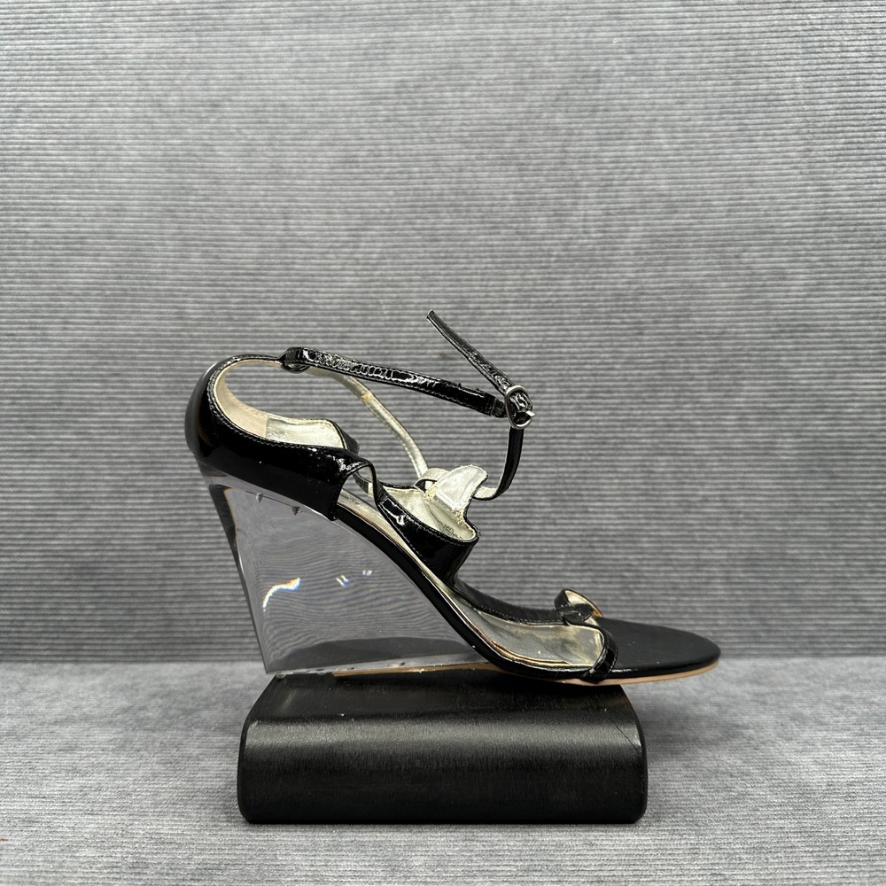 Bakers Womens Black Patent T-Strap Clear Lucite Wedge Sandals Y2k